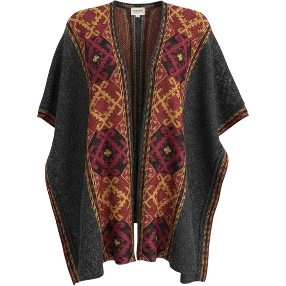 Umbrale Woman Sweaters - Umbrale Woman Tribal Geometric Knit Poncho Open‎ Front Wrap  Gray Chile Red